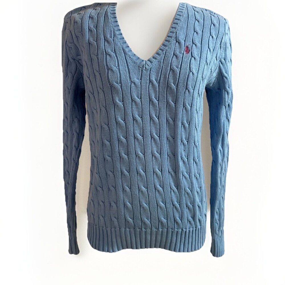 Ralph Lauren Blue V-Neck Cable Knit 100% Cotton Sweater, sz L, Pony logo EUC!